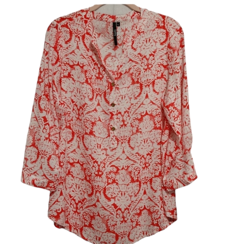Cathy Orange and White Paisely Design Top Large